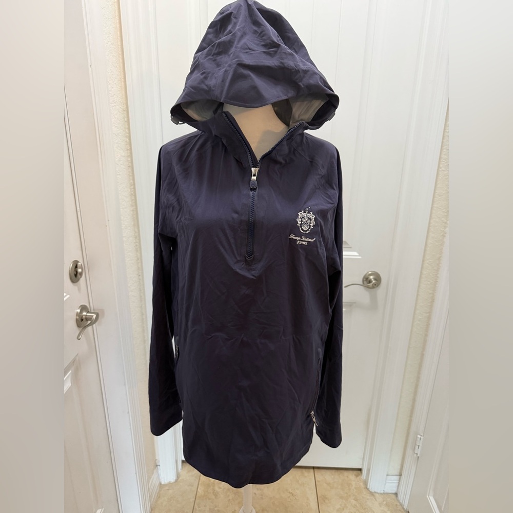 Peter Millar Navy Hooded Lightweight Jacket. Trump National Jupiter Emblem.